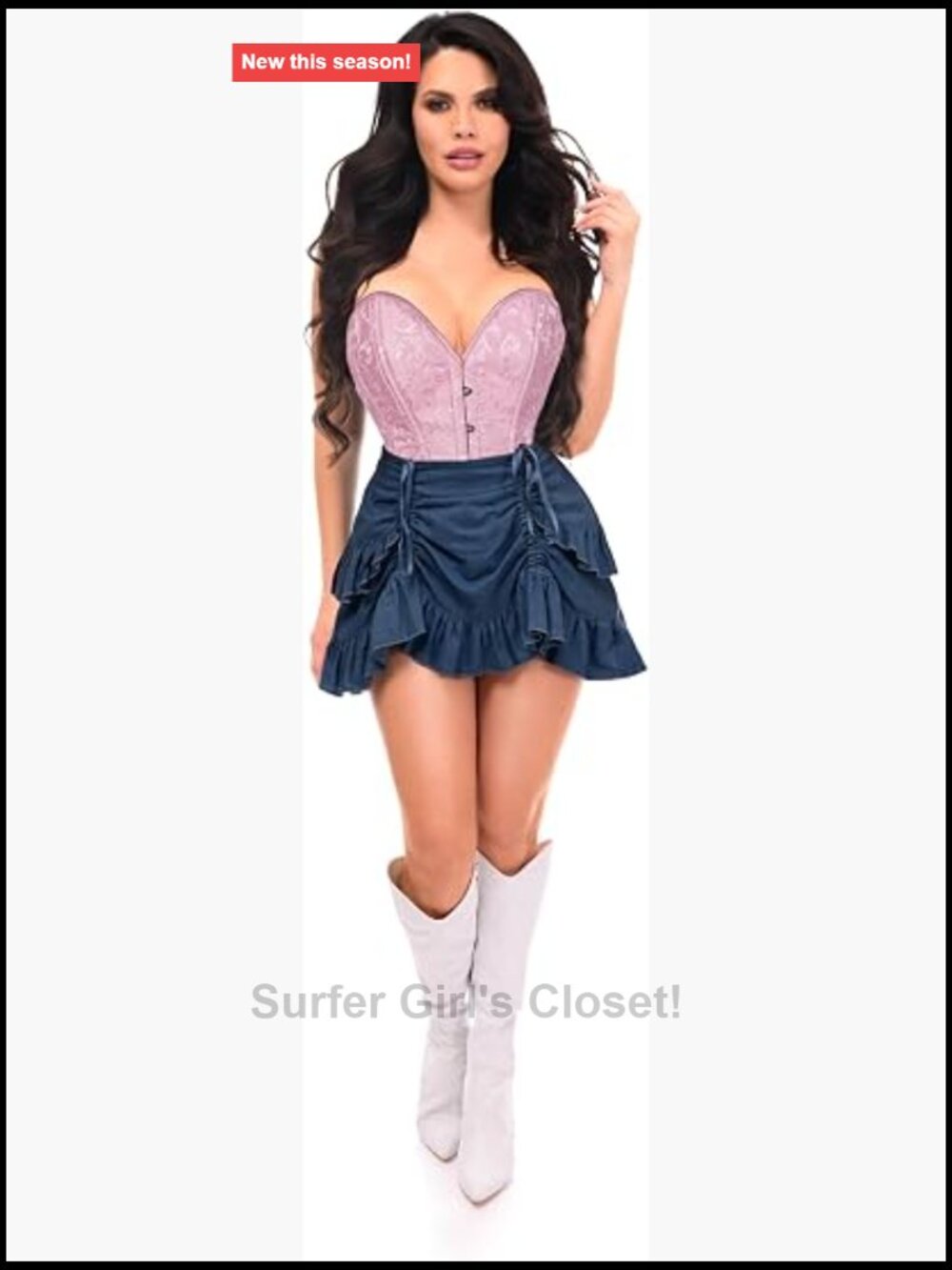 2-Pc Brocade Bustier Corset & Denim Ruffle Skirt Set Western Dress